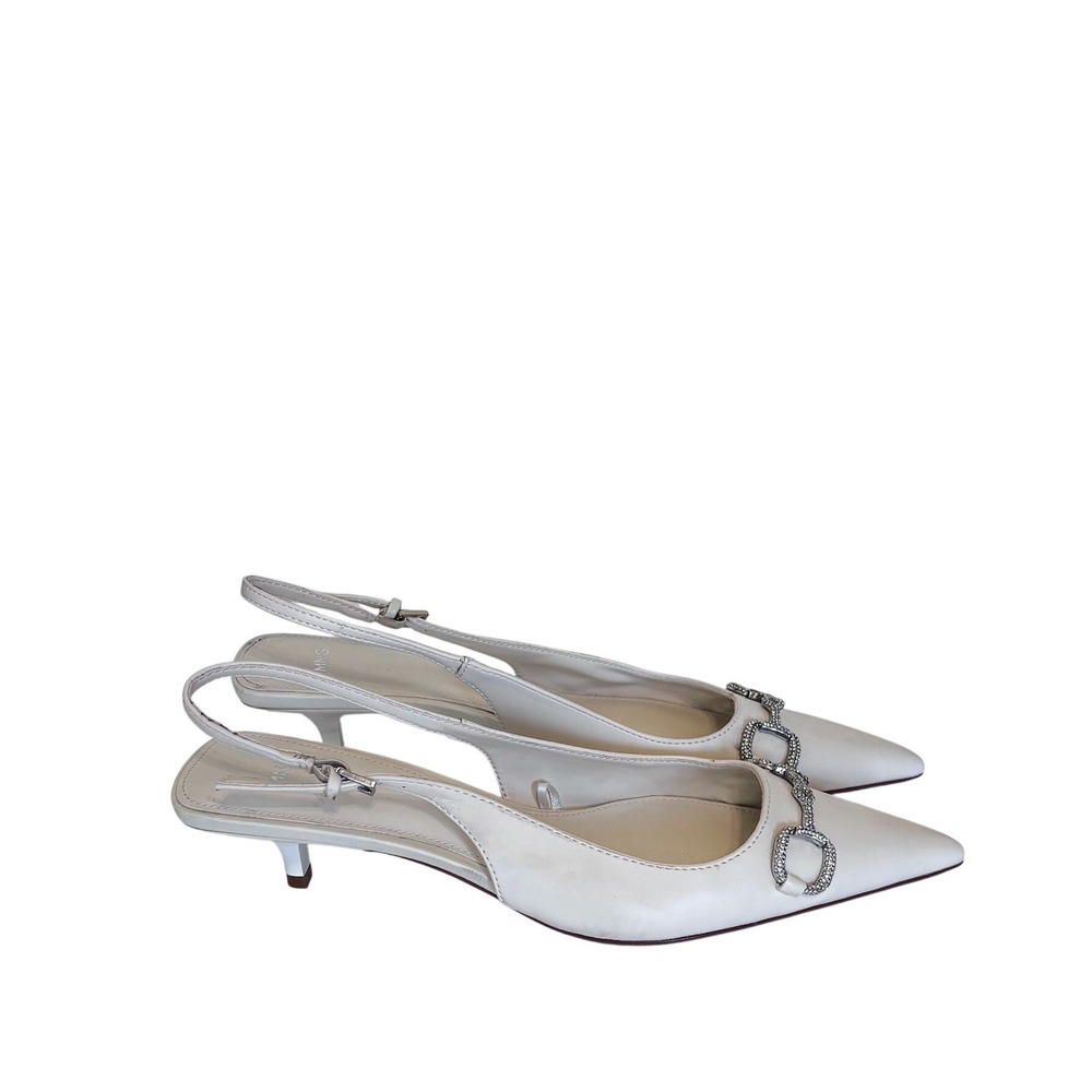 Mango MNG Crystal Tribo Pointed Toe Slingback Kitten Heel Pumps Size 38 8 White